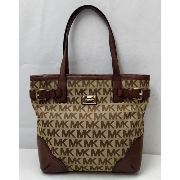 Michael Kors Brown Canvas Leather Trim MK Printed Double Handle Zipper Tote Bag - Picture 1 of 16